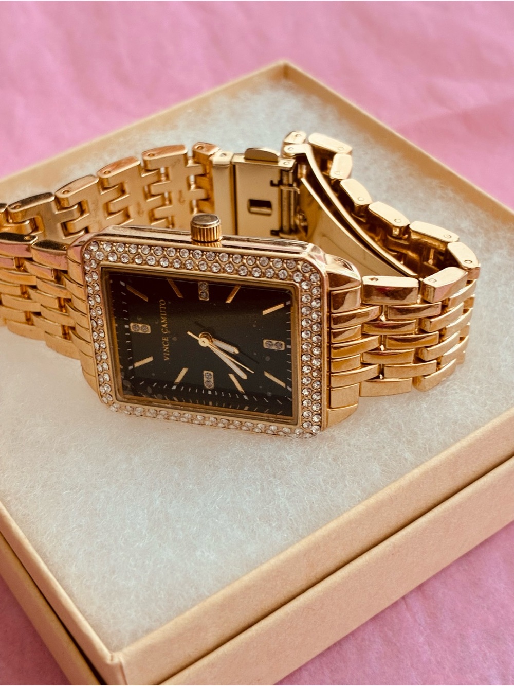 Vince Camuto Gold-Tone Crystal-Accented Square Bracelet Watch with Black Dial